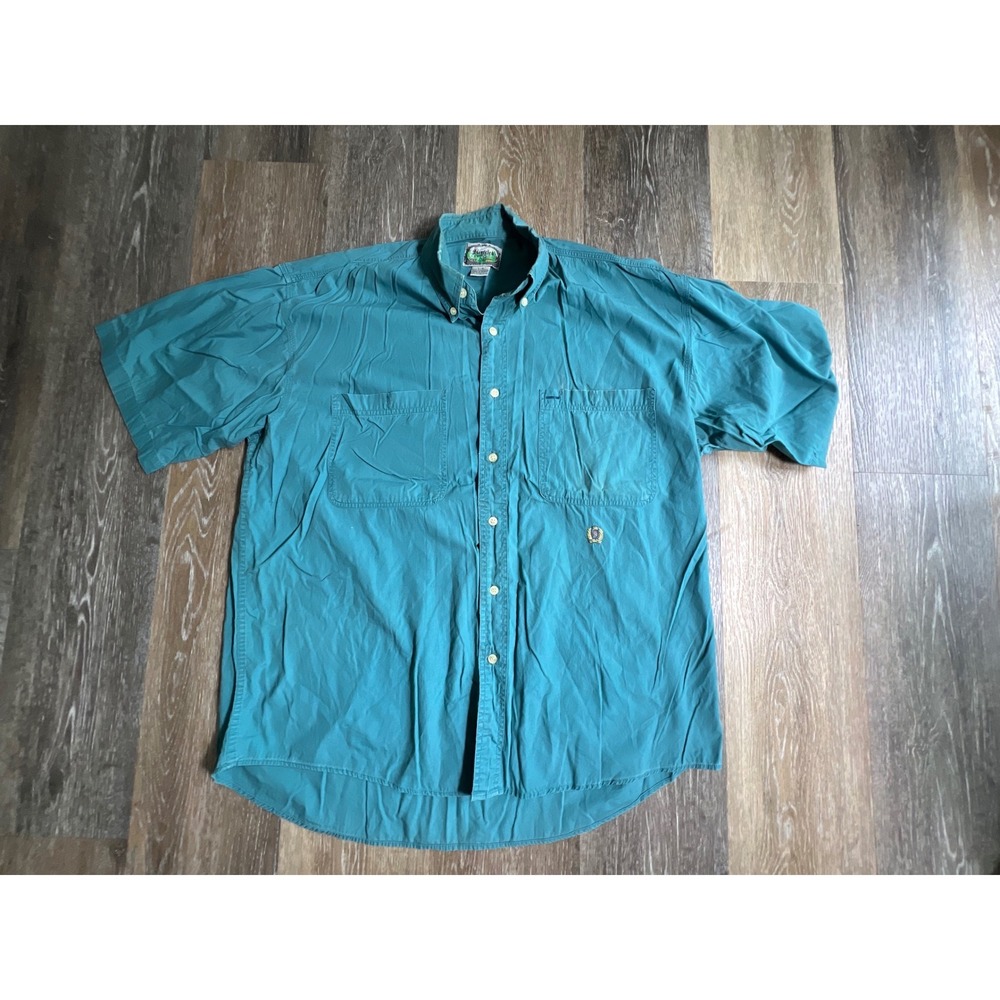 Siegfried Button Down Shirt Mens Large Teal Green Good Short Sleeve Cotton Crest